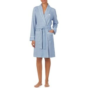 LAUREN RALPH LAUREN Robe XS Blue White Striped Monogram Cotton Spa Loungewear